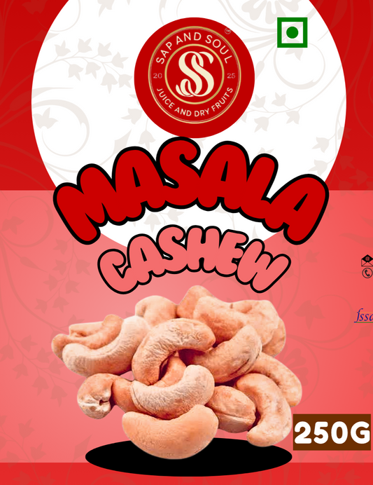 Masala Cashew packaging with brand logo and product details on a red background
